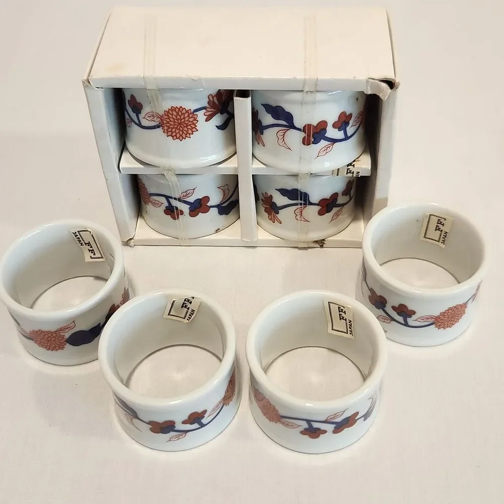 NOS Fitz &‎ Floyd Mandarin Garden Napkin Rings Floral Set Of 8